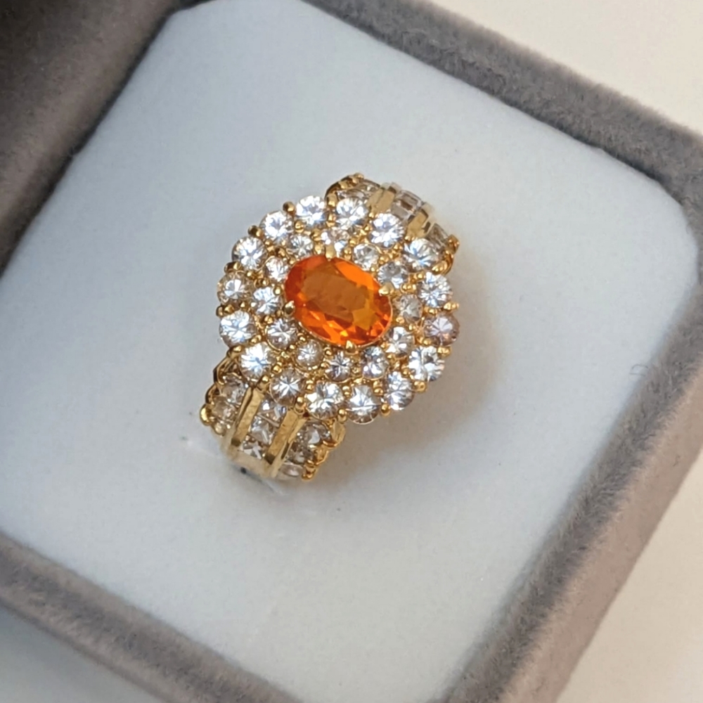 18K Yellow Gold Fire Opal Sapphire Halo Cocktail Ring - Picture 8 of 16
